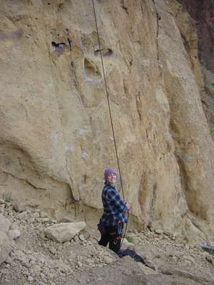 Betsy giving a belay on Phone Call From Satan - Smith Rock - Climbing Oregon
