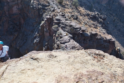 Looking down from the top of Monkey Face at Linda O'Donnell - Smith Rock - Aid Climbing
