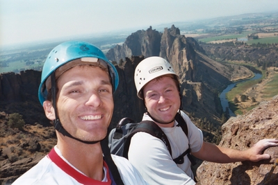 Jody O'Donnell and Larry Brumwell at the last belay anchors for Monkey Face - Smith Rock