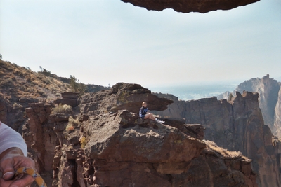 Looking at Linda O'Donnell from the mouth cave of Monkey Face - Climbing Oregon