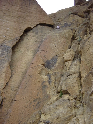 Joel Hass Looking down from the first belay station on Cinnamon Slab - Smith Rock - Climbing Oregon