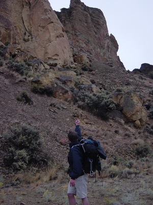 Jody O'Donnell flipping off the Koala Rock after sustaining quite a beating - Smith Rock - Climbing Oregon