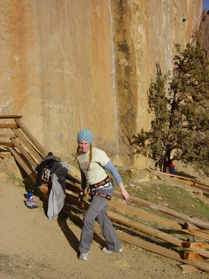 Sonya in front of Morning Glory Wall - Smith Rock - Climbing Oregon