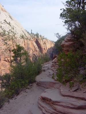 Looking along the pathway with a 1,300 foot drop on the right in Angel's Landing - Zion National Park, Utah