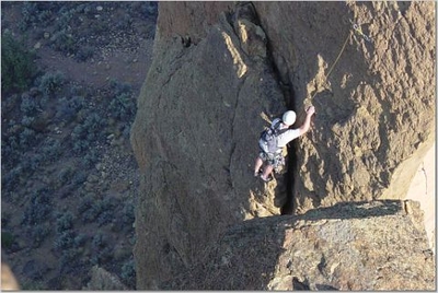Jody O'Donnell getting started on the Pioneer Route - Monkey Face - Smith Rock - Climbing Oregon