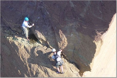 Larry Brumwell and Jody O'Donnell at the opening belay station of the Pioneer Route - Monkey Face - Aid Climb